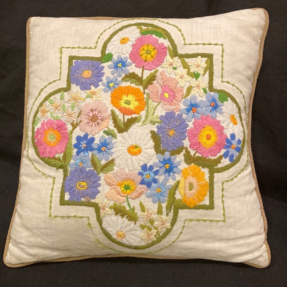 Vintage Crewel Embroidery Accent Throw Pillow